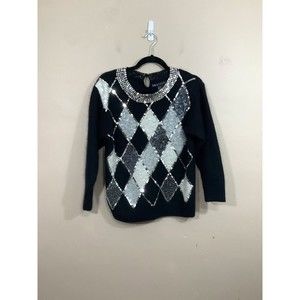 VTG IB Diffusion Womens Sequined Argyle Sweater S Black 90s Glam Academia Retro
